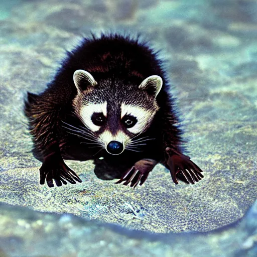 Prompt: photo of newly discovered mysterious deep sea raccoon in the marianas trench