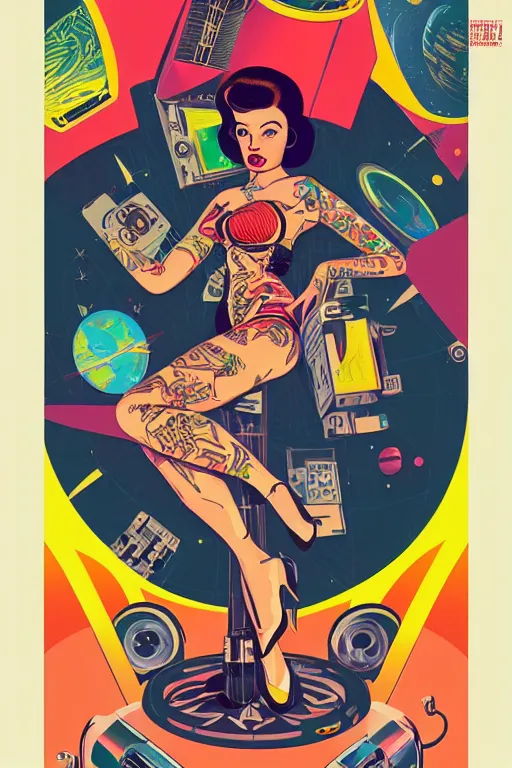 Image similar to a 5 0 s art deco tattooed pinup girl at the interior of an international space station fuill of electronic equipment, poster art by milton glaser, kilian eng, moebius, behance contest winner, psychedelic art, concert poster, poster art, maximalist