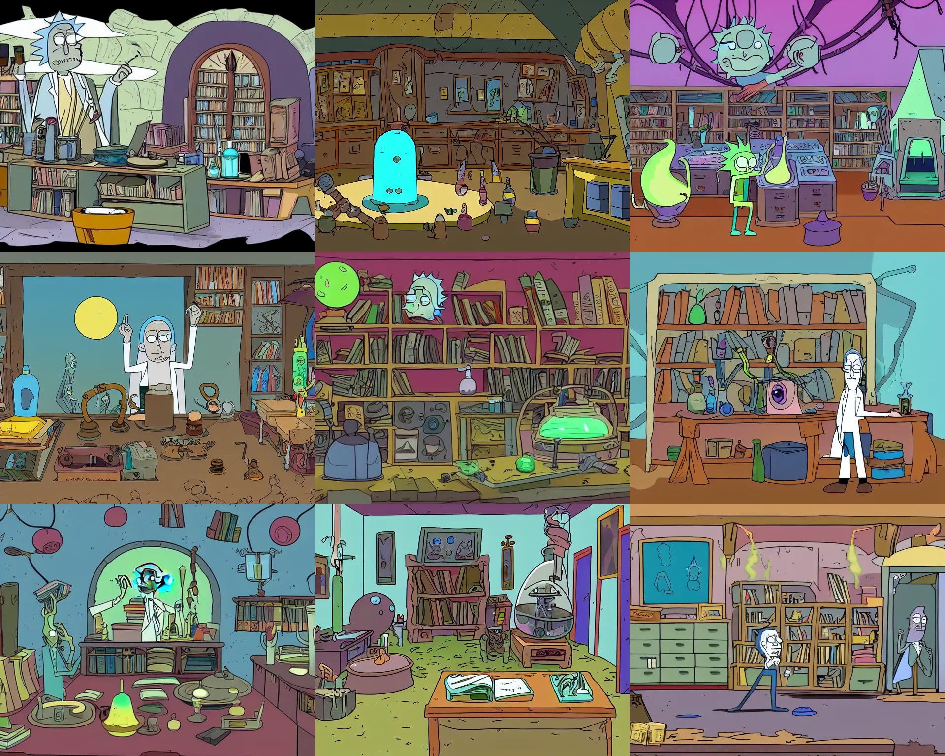 Prompt: wizard's laboratory, full of strange and magical equipment, bubbling cauldrons and books of ancient spells, style of Rick & Morty cartoon animation