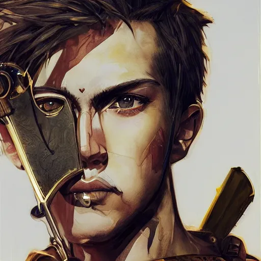 Prompt: portrait of a young white hero using his right arm to hold his sword covering his eye by yoji shinkawa, high quality, extra details, realism, ornate, colored, golden chain, blood, white skin, short hair, brown eyes, vivid, sunlight, dynamic, american man, freedom, white american soldier, painting, cybernetics, military