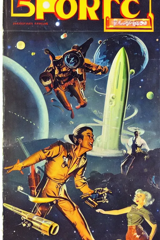 Prompt: 5 0 s pulp science fiction cover illustration of hero firing retro later pistol at extraterrestrial monster on alien planet, in background many alien creatures, a park, a rocketship, space and nebula and venus, art by earle bergey, norman rockwell, frank schoonover, leyendecker, allen anderson, greg staples, basil gogos, syd mead