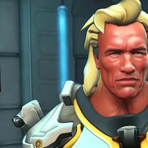 Image similar to a screenshot of arnold schwarzenegger as mercy in overwatch