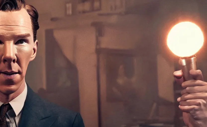 Prompt: Benedict Cumberbatch as J. Robert Oppenheimer in 'Oppenheimer' (2018), movie still frame, oscar nominated cinematography, volumetric lighting, 8k resolution, beautiful composition