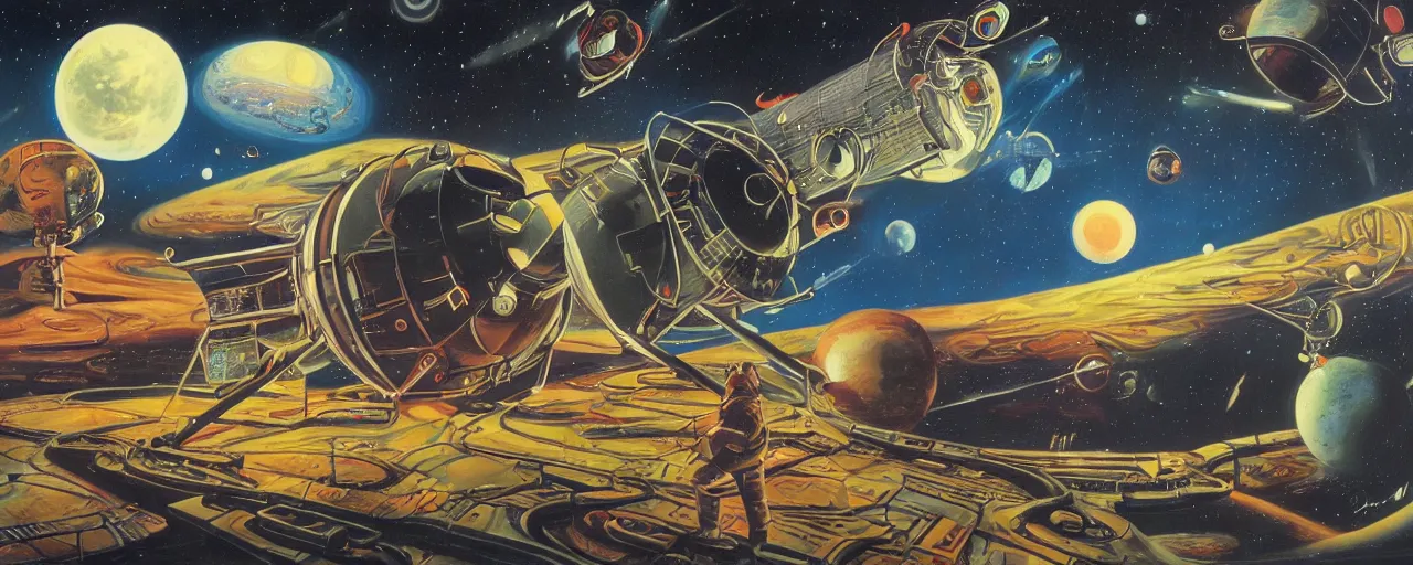 Prompt: a beautiful future for space program, astronauts and space colonies, utopian, by david a. hardy, wpa, public works mural, socialist