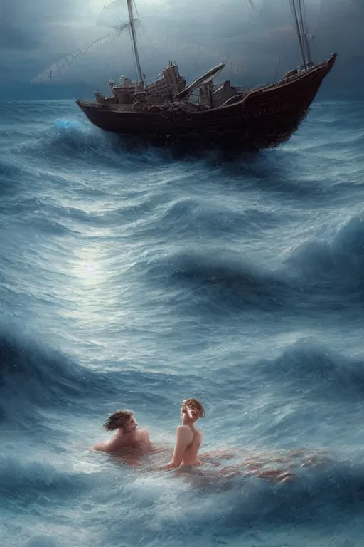 Image similar to breathtaking detailed soft painting of a drunken ship with mystical horrors, bathing in dreaming lactescent sea, alcohol with blue delirium skies, elegant, highly detailed, artstation, concept art, matte, sharp focus, art by tom bagshaw, and greg rutkowski