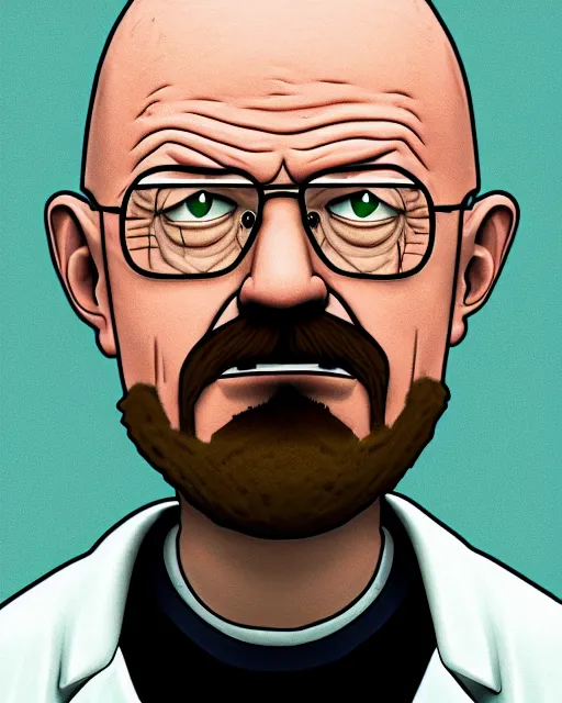 Image similar to portrait of walter white in the style of justin roiland. heisenberg from breaking bad. cinematic lighting. style of rick & morty. photographic, photography. by justin roiland