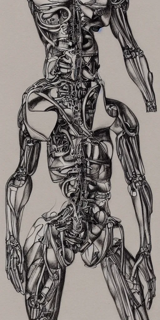 Image similar to futuristic cyborg anatomy drawing by da vinci