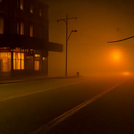 Image similar to A stunningly beautiful award-winning 8K high angle cinematic movie photograph of a foggy intersection in an abandoned 1950s small town at night, by Edward Hopper and David Fincher, cinematic lighting, perfect composition, moody low key volumetric light.