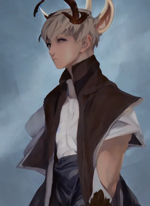 Prompt: concept art painting of an androgynous person with brown skin and short white hair, demon horns, deer ears, full clothing, black clothes, blue robes, detailed, cel shaded, in the style of ruan jia and artgerm and makoto shinkai and james gurney