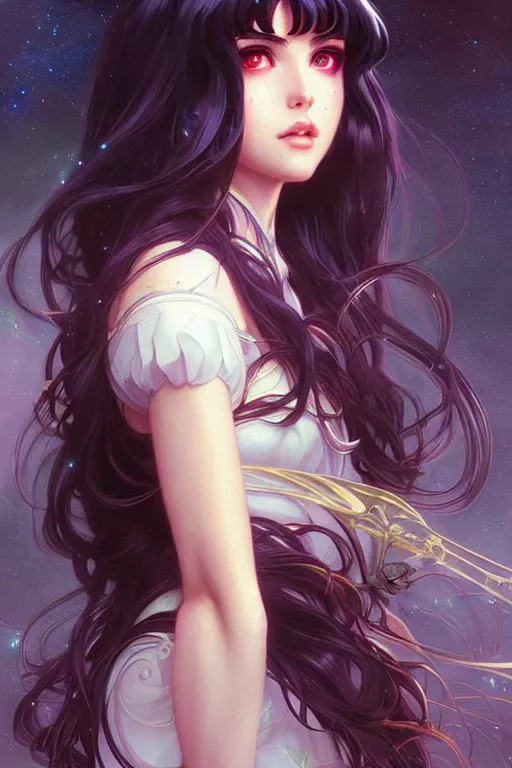 Image similar to a beautiful girl with long dark hair and bangs, sailor moon aesthetic, fantasy, intricate, elegant, highly detailed, digital painting, artstation, concept art, matte, sharp focus, illustration, art by Artgerm and Greg Rutkowski and Alphonse Mucha