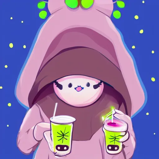 Image similar to cute moth wearing a hoodie and drinking boba tea, pastel colors, lighthearted, adorable, digital art