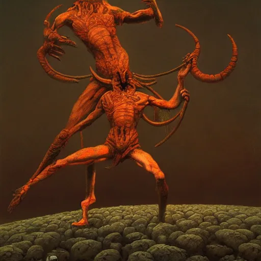 Image similar to two demons dance ballet in hell, surrounded by spheres!!!, beksinski, dariusz zawadzki, very coherent symmetrical artwork. cinematic, hyper realism, high detail, octane render, 8 k
