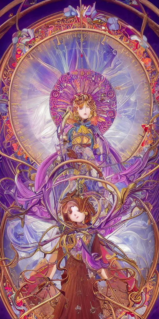 Prompt: clow card style astrologer's prayer, mythology, hidetaka miyazaki, unreal engine 5, art nouveau, vivid colors, intense colors, deep shadows, intricate, symmetry, high detail, elegance, sunlit, clear focus, art of mel milton, art workstation