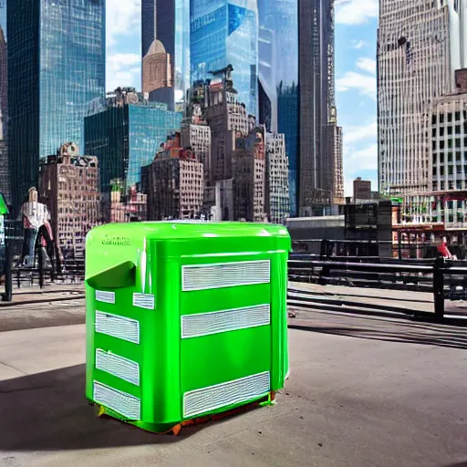 Prompt: green refrigerator flying, floating, hovering above new york city