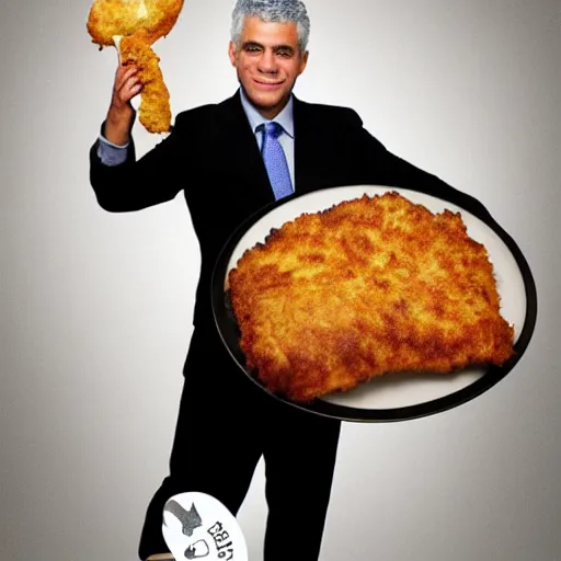 Image similar to award winning studio portrait of yair lapid holding a schnitzel in the shape of the state of israel