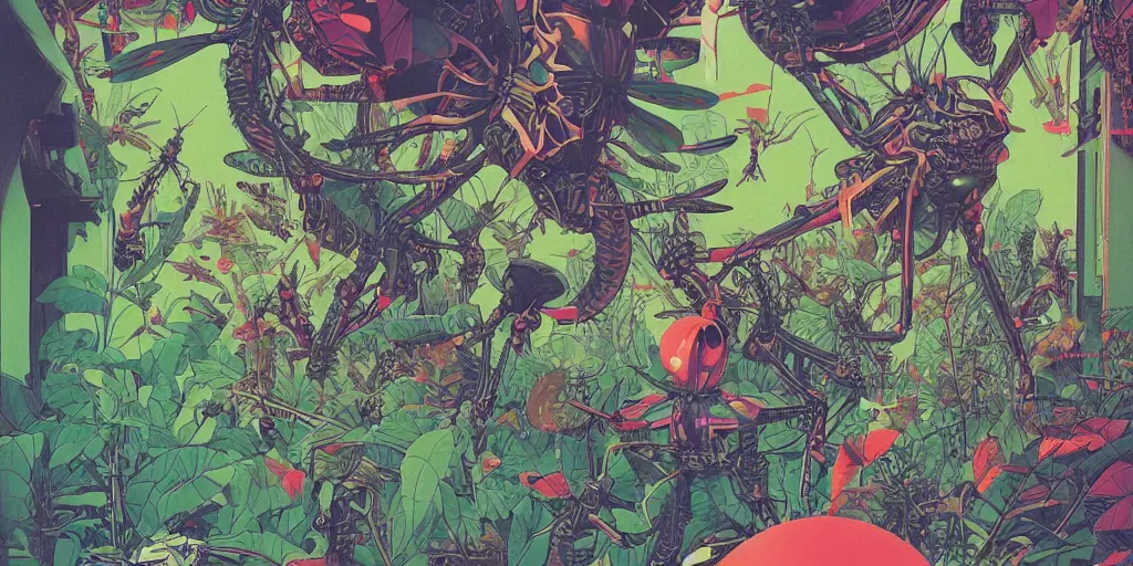 Image similar to gigantic robotic dragonflies with lasers with human faces catch tiny robots, a lot of exotic plants around, big human faces everywhere, risograph by satoshi kon and moebius, no text!, matte bright colors, surreal design, super - detailed, a lot of tiny details, fullshot