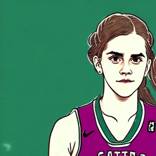 Image similar to portrait of teen emma watson in an nba boston celtics basketball uniform, ukiyo - e art by hokusai, global illumination, radiant light, detailed and intricate environment