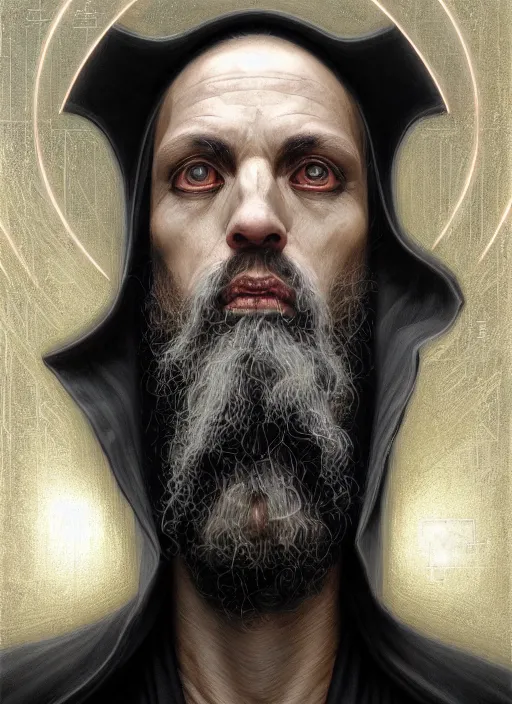 Image similar to portrait of a cyberpunk orthodox priest, grim - lighting, high - contrast, intricate, elegant, highly detailed, centered, digital painting, artstation, concept art, smooth, sharp focus, illustration, artgerm, tomasz alen kopera, peter mohrbacher, donato giancola, joseph christian leyendecker, wlop, boris vallejo