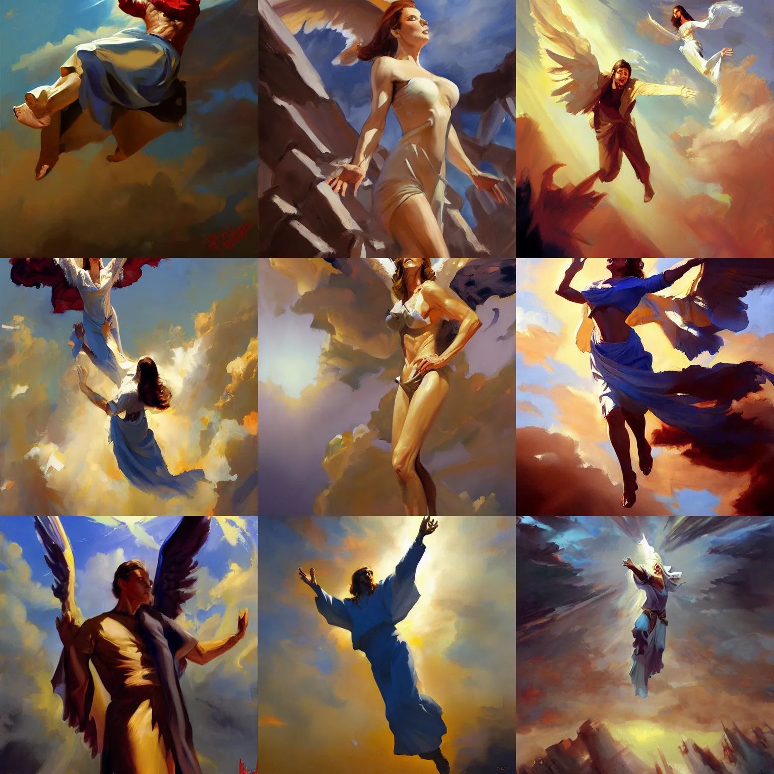 Prompt: artwork by greg manchess and brad rigney, televangelist ascending to heaven, brad rigney, artstation, masterpiece, high detail