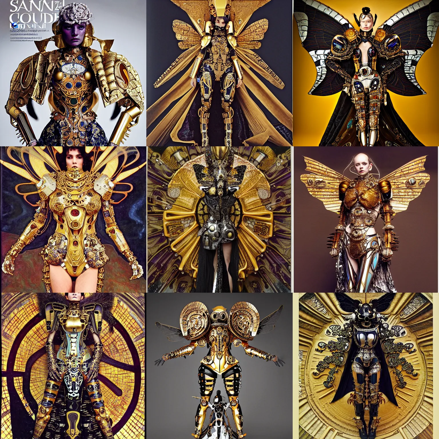 Prompt: haute couture scale armour sf paladin editorial by klimt, biomechanical hornet with metal couture wings by malczewski, ornate wh 4 0 k chaos lord in gold, bismuth and obsidian by giger, on bloody cosmic battleground by alphonse mucha