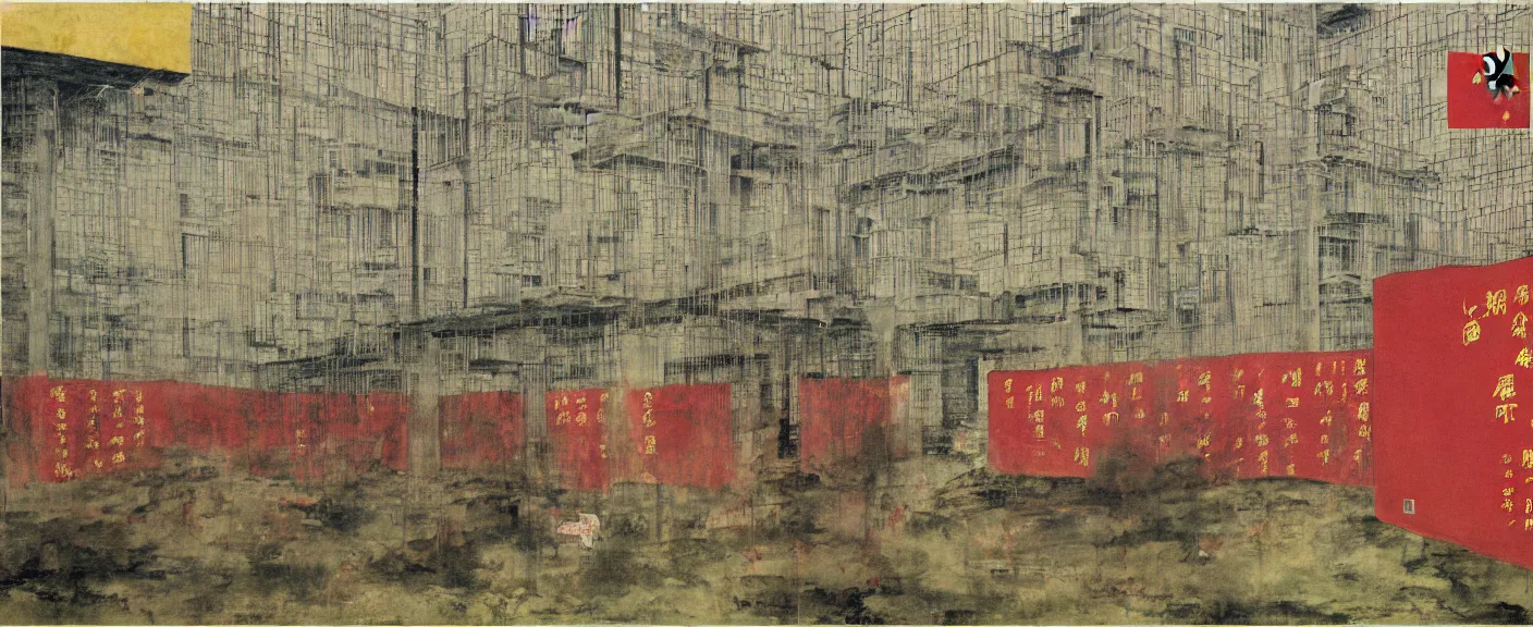 Image similar to a chinese prison near a river by peter doig, muted colors, overlaid with chinese adverts