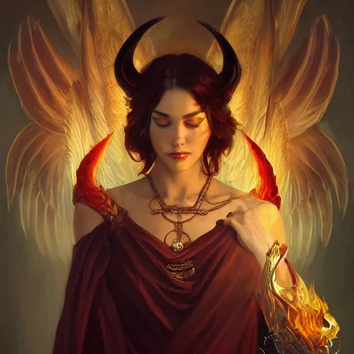 Image similar to a great lucifer, great wings, demon horn, fire on head, long dark hair, intricate, elegant, highly detailed, digital painting, artstation, concept art, smooth, sharp focus, illustration, art by artgerm and greg rutkowski and alphonse mucha