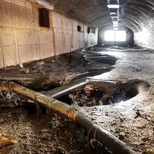 Image similar to deep underground bunker, flooded, dirty water, rusty pipes, cables