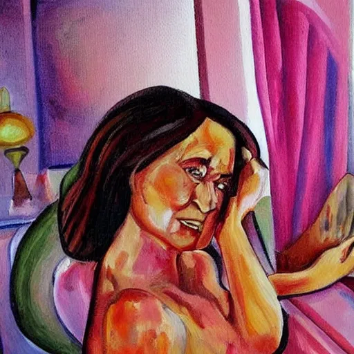 Image similar to A woman thinks she's in an ordinary house, but there are clues that she's actually in hell. Painting