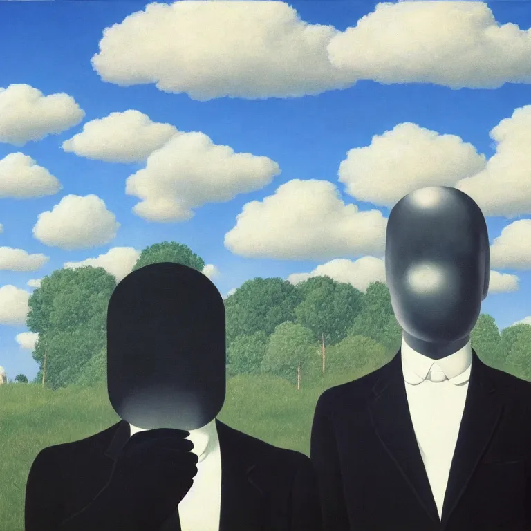 Image similar to portrait of a faceless reflective chrome - head man in a suit and black gloves, clouds and nature landscape in the background, by rene magritte, detailed painting, distance, centered, hd, hq, high resolution, high detail, 4 k, 8 k