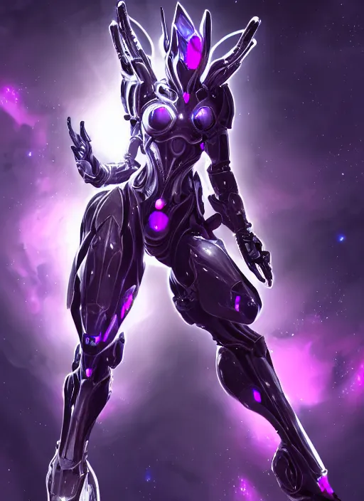 Image similar to detailed cinematic shot, cosmic sized perfectly proportioned stunning beautiful hot female warframe, detailed cyborg mecha female dragon head, metal ears purple eyes, silver armor, fuschia leds, floating in empty space, nebula sized, holding a planet, epic proportions, epic size, epic scale, furry art, dragon art, giantess art, warframe fanart, furaffinity, deviantart