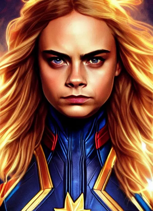 Image similar to beautiful cara delevingne as captain marvel, fantasy, intricate, elegant, highly detailed, digital painting, artstation, concept art, smooth, sharp focus, illustration, art by artgerm and greg rutkowski and alphonse mucha