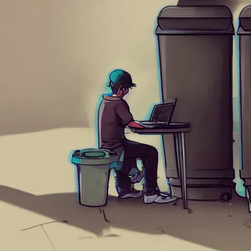 Image similar to a bum using laptop near trashcans, concept art, trending on artstation, highly detailed, intricate, sharp focus, digital art, 8 k