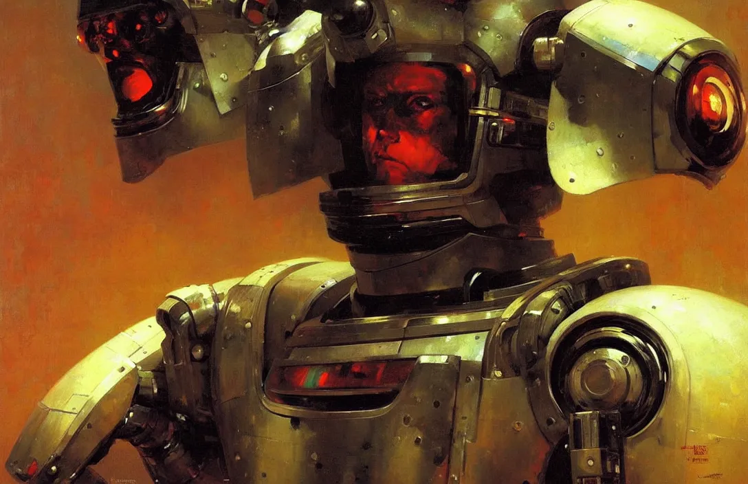 Image similar to portrait of futuristic space robot!!!!!!!!!!!!!!!!!!!!!!!!!!!, detailed face, detailed painting, epic lighting, by ilya repin, phil hale and kent williams