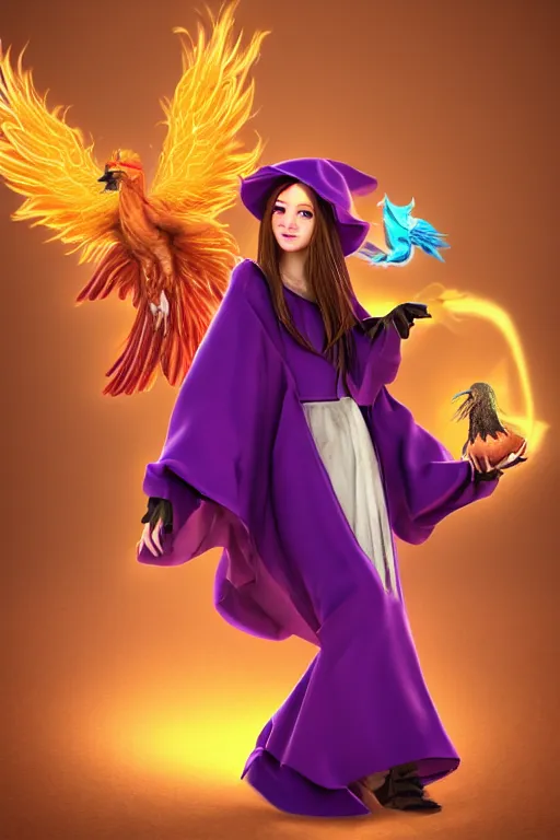 Prompt: Young beautiful short woman in purple witch robes and pointy hat with a small pet phoenix on her shoulder, full body shot, digital art, detailed render, 3D material