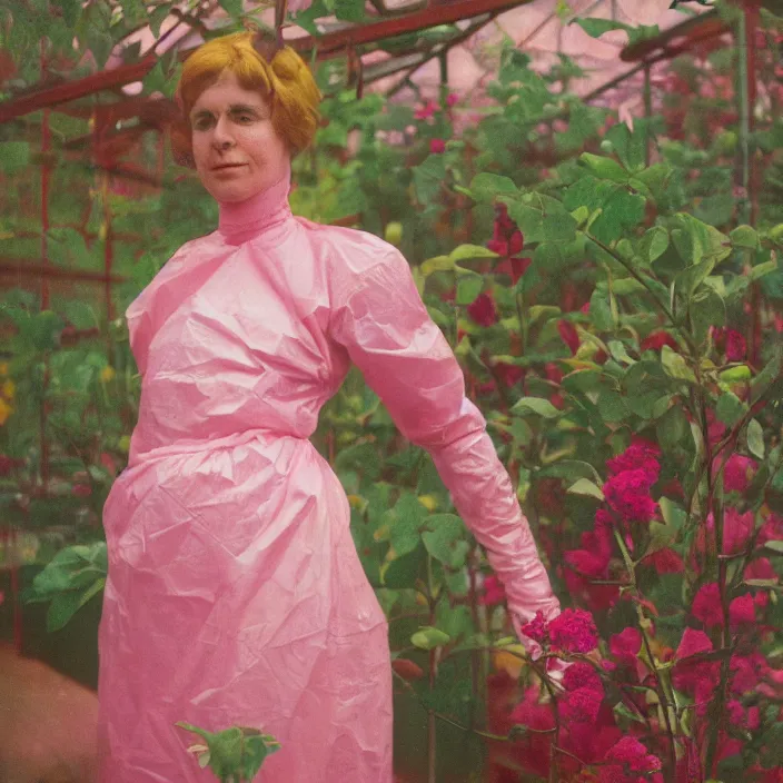 Prompt: closeup portrait of a woman wrapped in pink cellophane, standing in an overgrown greenhouse, color photograph, by edward hopper, canon eos c 3 0 0, ƒ 1. 8, 3 5 mm, 8 k, medium - format print