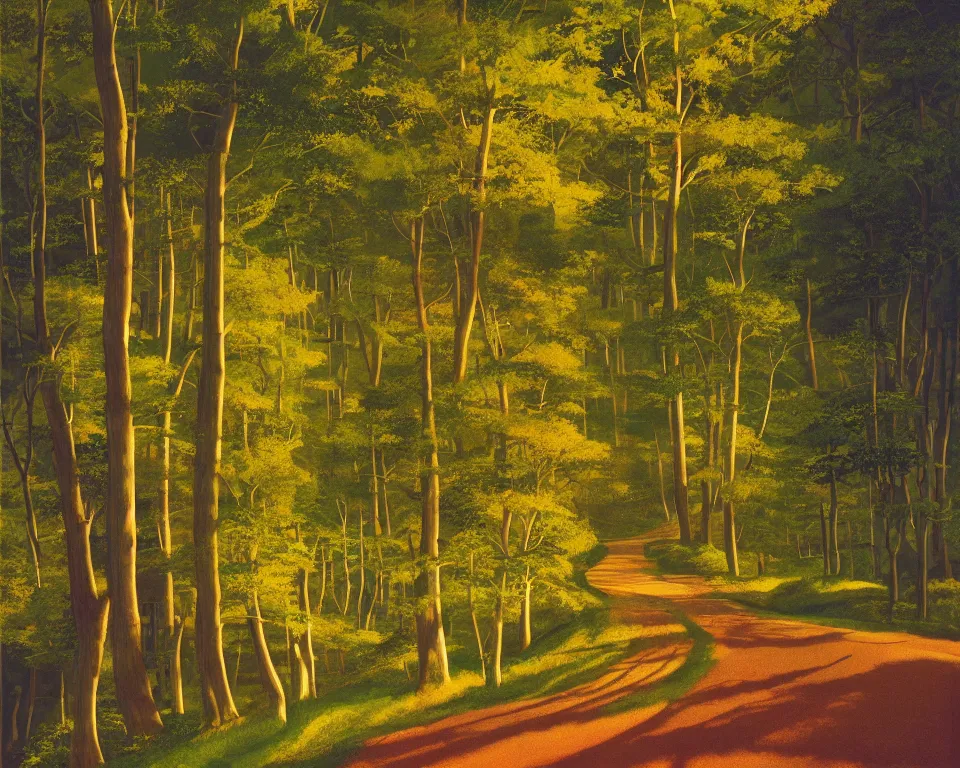 Prompt: a road weaving through rolling hills from the edge of a forest at dusk. perspective landscape fantasy. strong shadows. deep colorful soft gradients, and translucence. by norman rockwell and eyvind earle. artstation