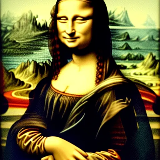 Prompt: failed restoration of mona lisa, modernized features, partly ruined painting