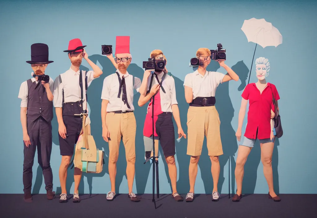 Image similar to full body portrait of a trio of european tourists with nikon cameras, various poses shooting photos, character designs painting, in the style of wes anderson, rene magritte, lola dupre, david hockney, isolated on white background, dark monochrome neon spraypaint accents volumetric octane render