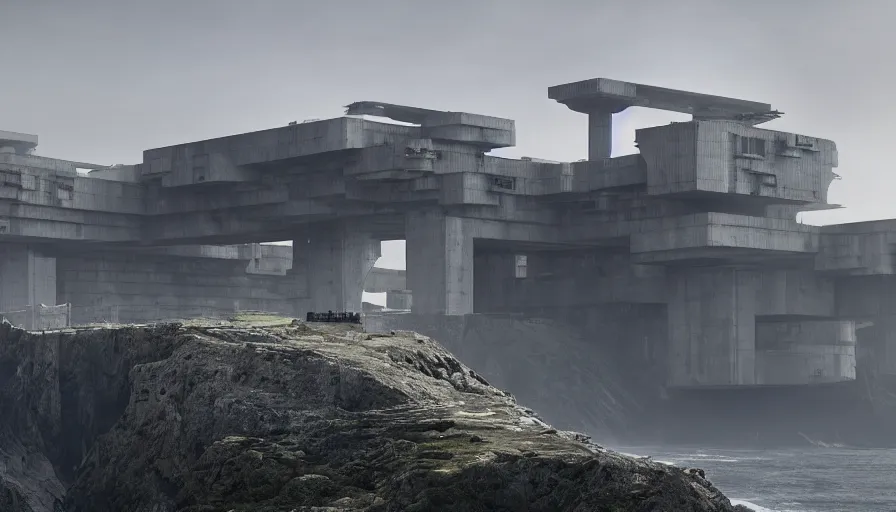 Image similar to big brutalist imperial military base on cliffs, drawing architecture, very long shot, top angle, imperial architecture in rogue one, pritzker architecture prize, brutalism architecture, jan urschel