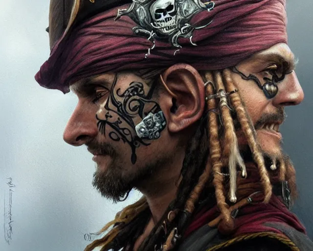 Image similar to close up of a pirate with scars and a face tattoo depicting neural networks and ai, deep focus, d & d, fantasy, intricate, elegant, highly detailed, digital painting, artstation, concept art, matte, sharp focus, illustration, hearthstone, art by artgerm and greg rutkowski and alphonse mucha