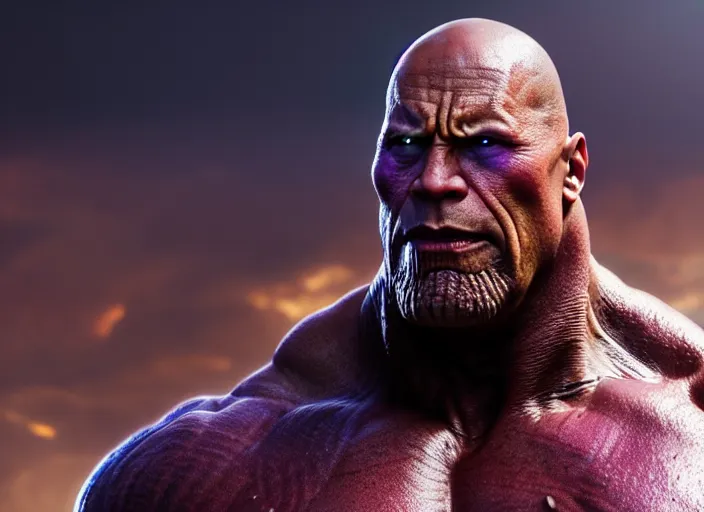 Image similar to Dwayne Johnson as Thanos, au naturel, hyper detailed, digital art, trending in artstation, cinematic lighting, studio quality, smooth render, unreal engine 5 rendered, octane rendered, art style by klimt and nixeu and ian sprigger and wlop and krenz cushart