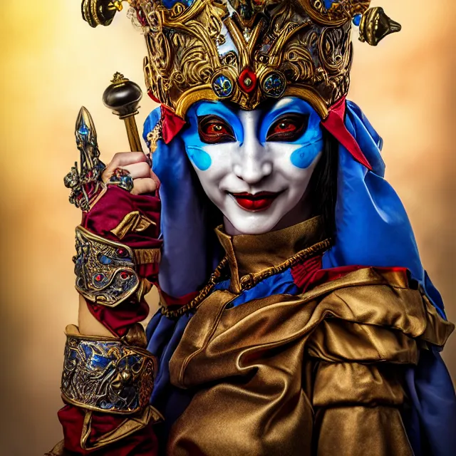 Prompt: female warrior jester with ornate venetian mask, highly detailed, 8 k, hdr, close up, smooth, sharp focus, high resolution, award - winning photo, artgerm