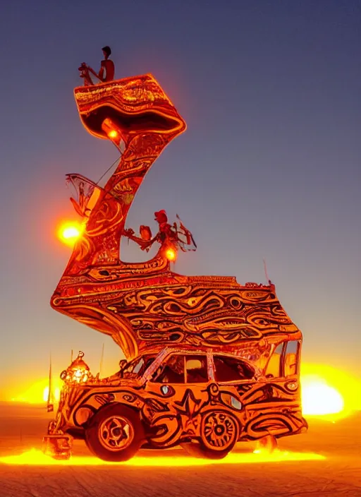 Image similar to burning man art car, sunset, 4 k