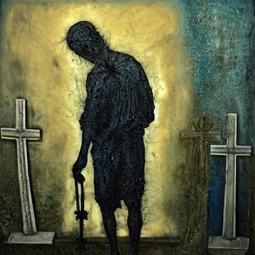 Prompt: one man in a cemetery, with a cross behind him, digging up a dead body, by nicola samori, painting, 8 k, high detail, blue, orange, and dark green tones, high quality, sad feeling, high detail, dark colors, sinister atmosphere, dramatic lighting, cinematic, establishing shot, extremely high detail, photo realistic, cinematic lighting