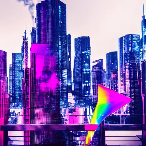 Prompt: cityscape computer device metal black hard angles with cyberpunk city dark background neon rainbow vivid colors stardust photo smoke 8 k