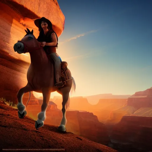 Image similar to spirit untaimed, horse from the movie next to a canyon riding in the sunset, movie poster, 8 k, trending on artstation, global illumination, volumetric shadows