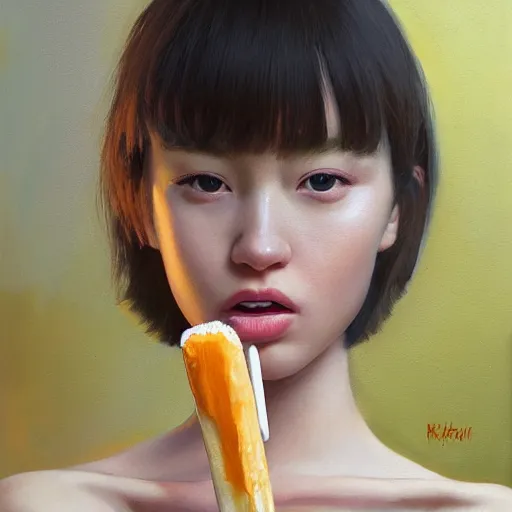 Prompt: oil painting by ilya kuvshinov,, baugh casey, rhads, coby whitmore, of a youthful japanese beauty, long hair, standing eating a popsicle outdoors by vending machines, highly detailed, breathtaking face, studio photography, dawn, intense subsurface scattering, blush, supple look, innocence, intense sunlight