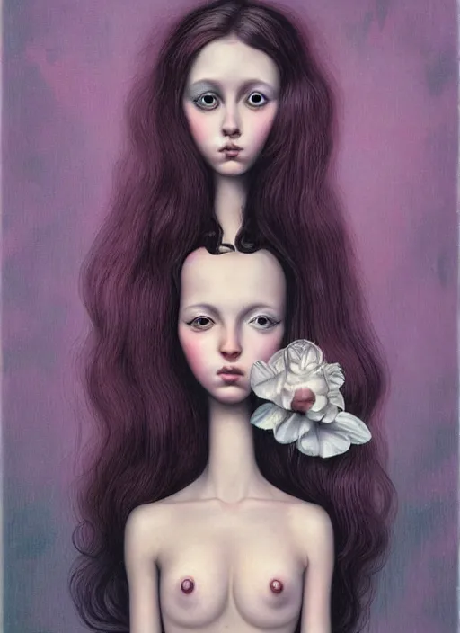 Image similar to pop surrealism, hyper realism, muted colors seductive female venus, cute girl, long hair, art by mark ryden, trevor brown