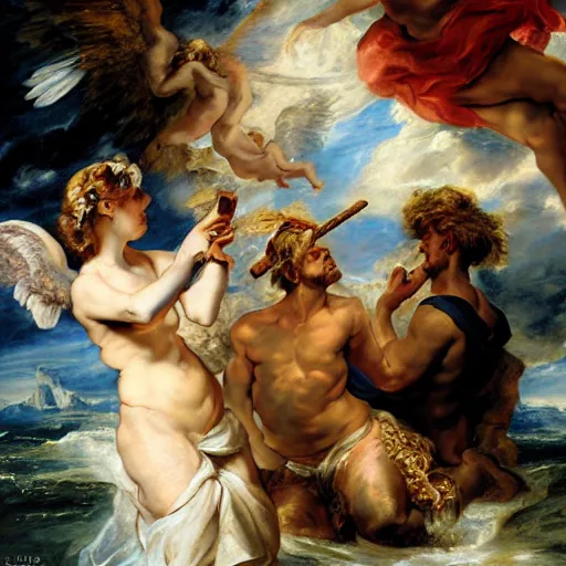 Image similar to heavenly summer sharp land sphere scallop angels smoking cigars, by Peter Paul Rubens and Eugene Delacroix and Karol Bak , Hyperrealism , digital illustration , fauvist