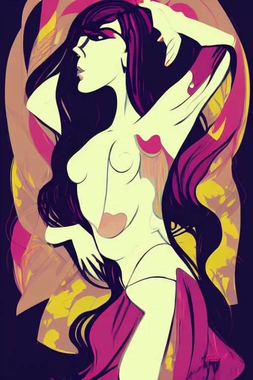 Image similar to vector style the abstract painting of an image of a lady artistic flat illustration, goth punk minimal figure art, soft colors mono chromatic, art in the style of Artgerm and Greg Rutkowski and Alphonse Mucha